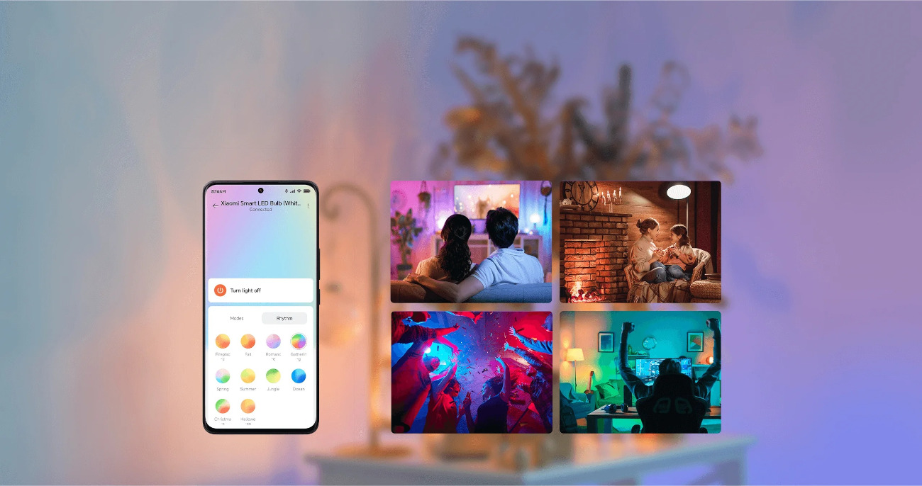 Xiaomi Smart LED Bulb — gotowe sceny świetlne i dynamiczne efekty (np. Boże Narodzenie, Dżungla, Kominek, Ocean)